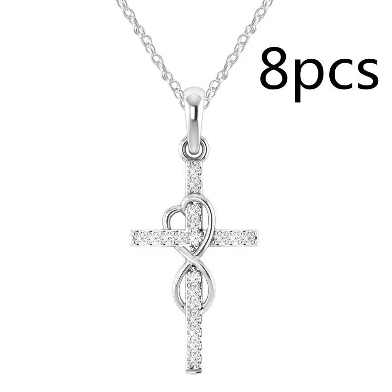 Colier cu pandantiv în cruce din aliaj cu efect de diamant cu opt caractere