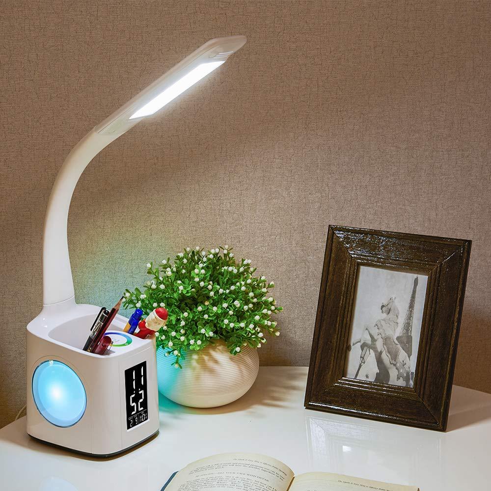 Lampa de masa LED multicolora, cu port de incarcare USB, ecran LCD cu ora si data, suport obiect