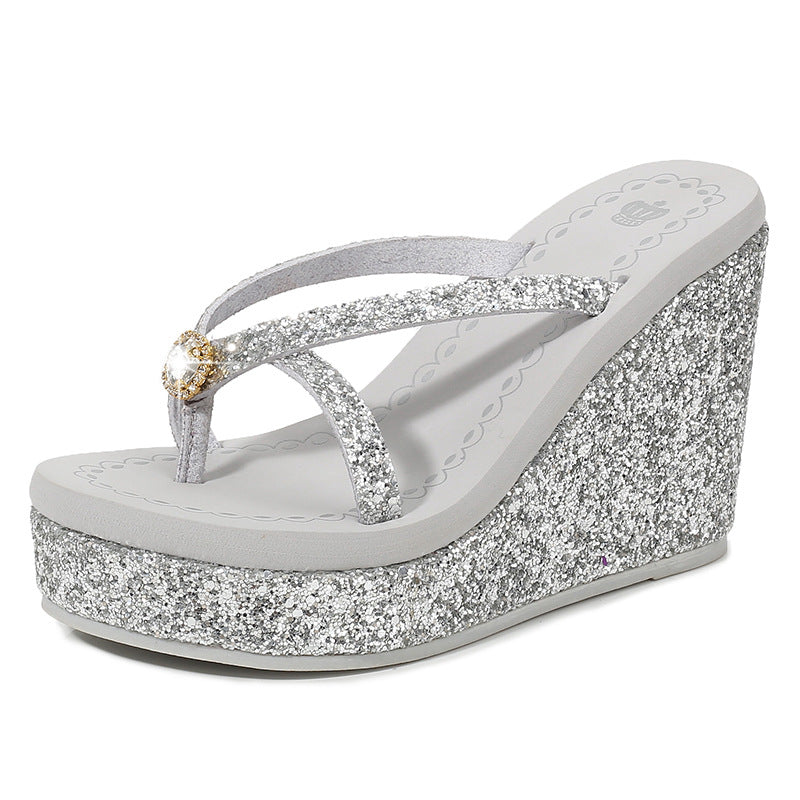 Women's flip flops with rhinestones, with platform and high heel