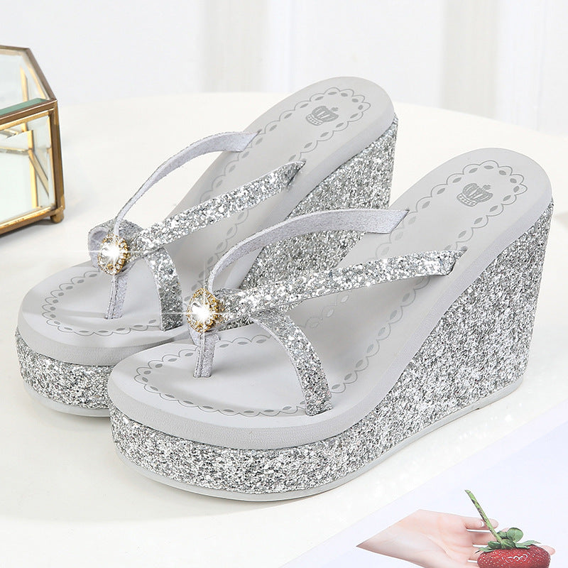 Women's flip flops with rhinestones, with platform and high heel