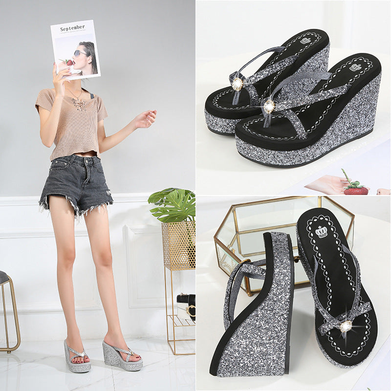 Women's flip flops with rhinestones, with platform and high heel