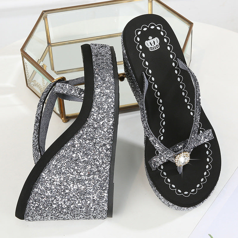 Women's flip flops with rhinestones, with platform and high heel