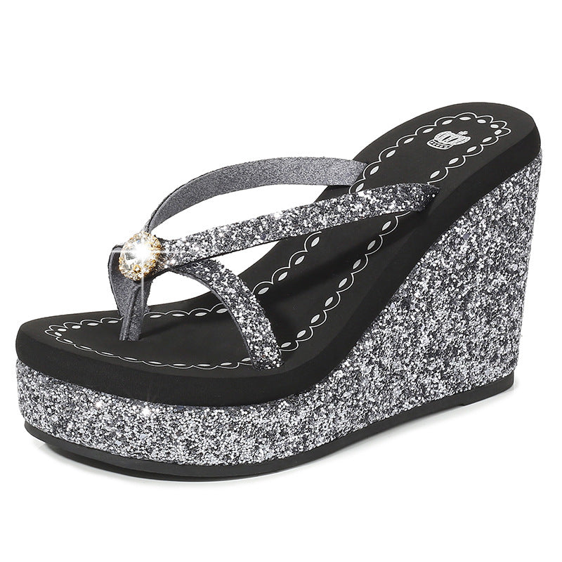 Women's flip flops with rhinestones, with platform and high heel