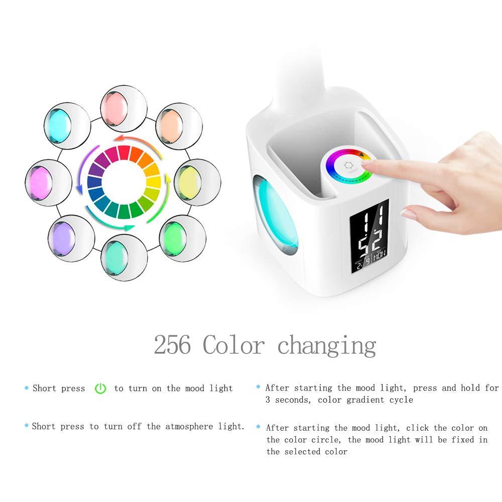 Lampa de masa LED multicolora, cu port de incarcare USB, ecran LCD cu ora si data, suport obiect