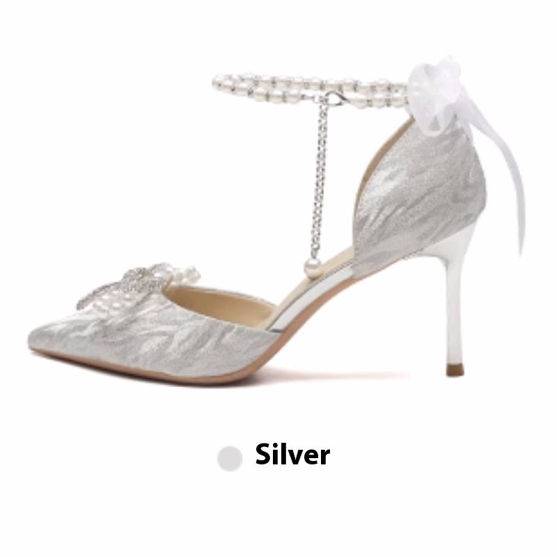 Women's Shoes with Heel, Silver with Pearl Effect