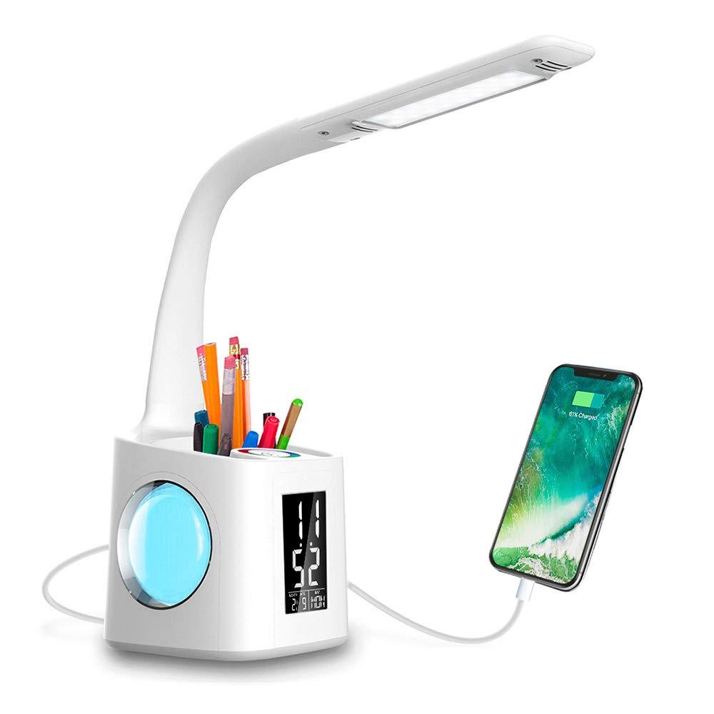 Lampa de masa LED multicolora, cu port de incarcare USB, ecran LCD cu ora si data, suport obiect