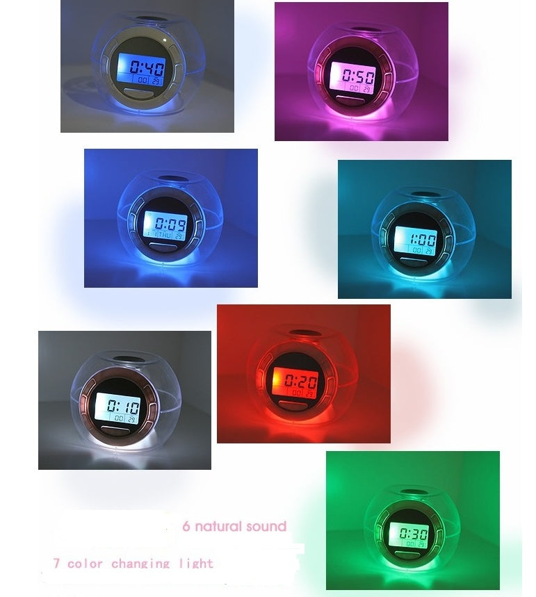 Ceas/ceas alarmă colorat cu sunete naturale, afișaj LCD multicolor cu măsurare a grade