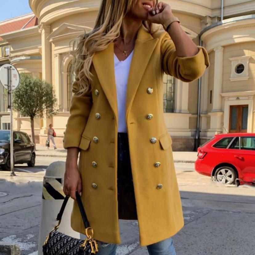 Jachetă cu rever de lână cu design la două piept, trenci casual