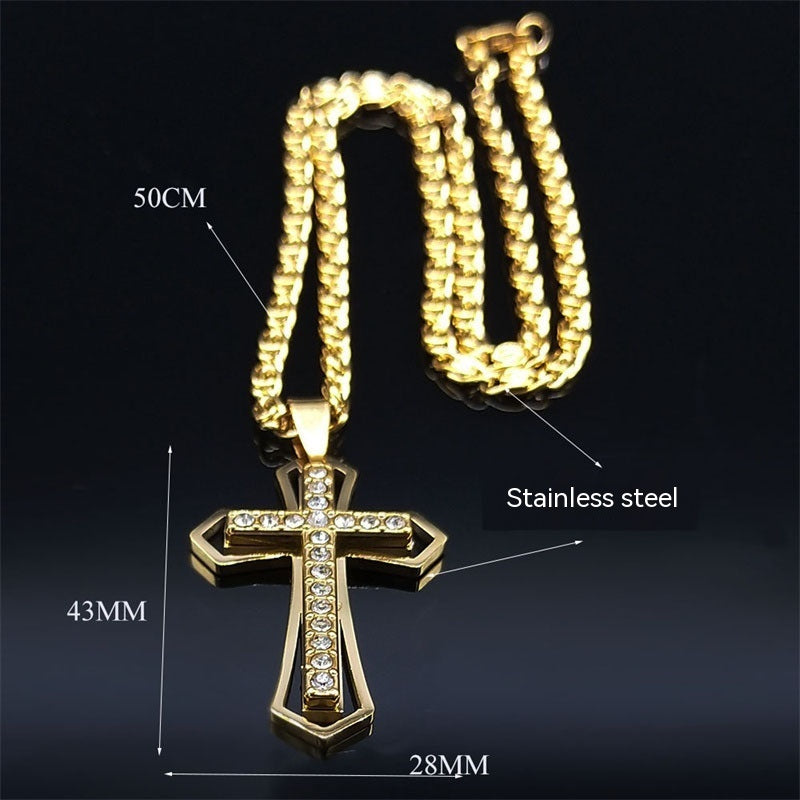 Colier barbatesc cu pandantiv cruce de cristal, efect de diamant