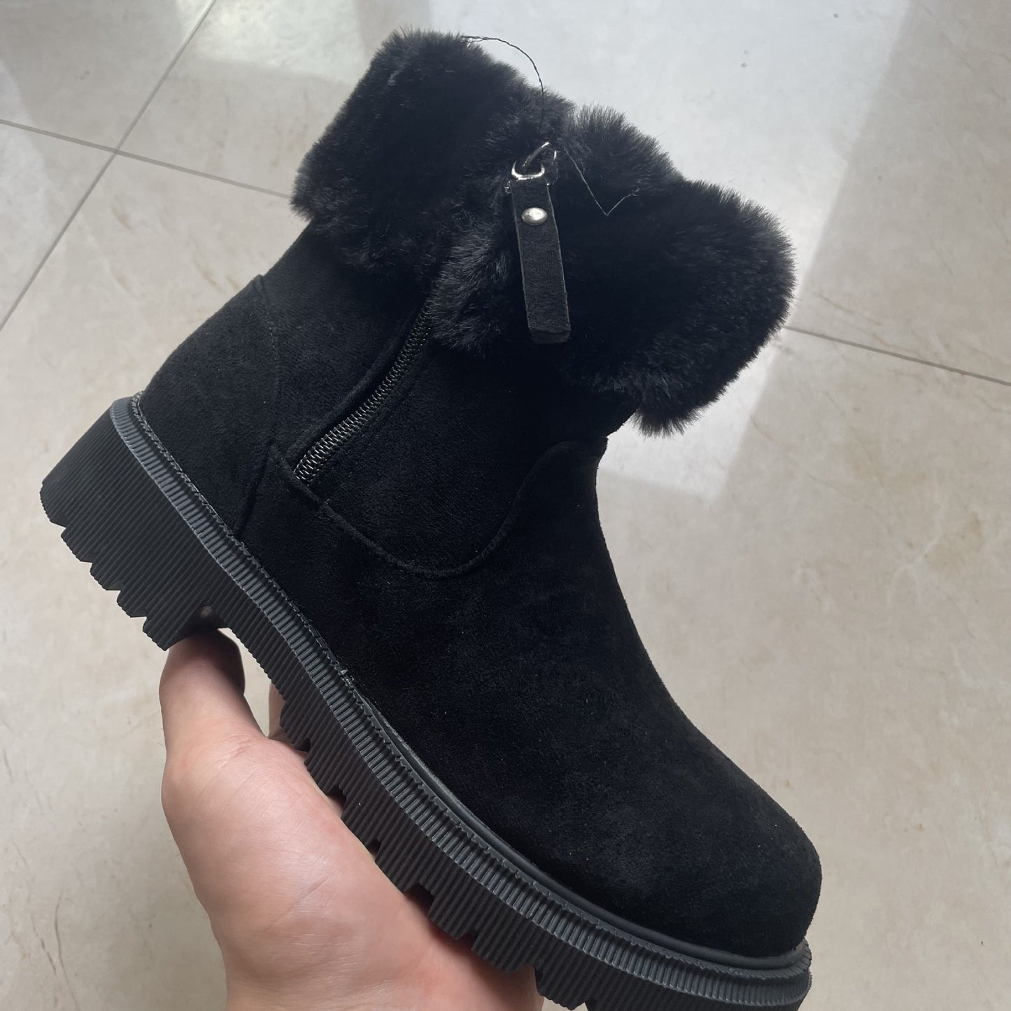 Botine calde de pluș cu fermoar lateral cu toc scăzut