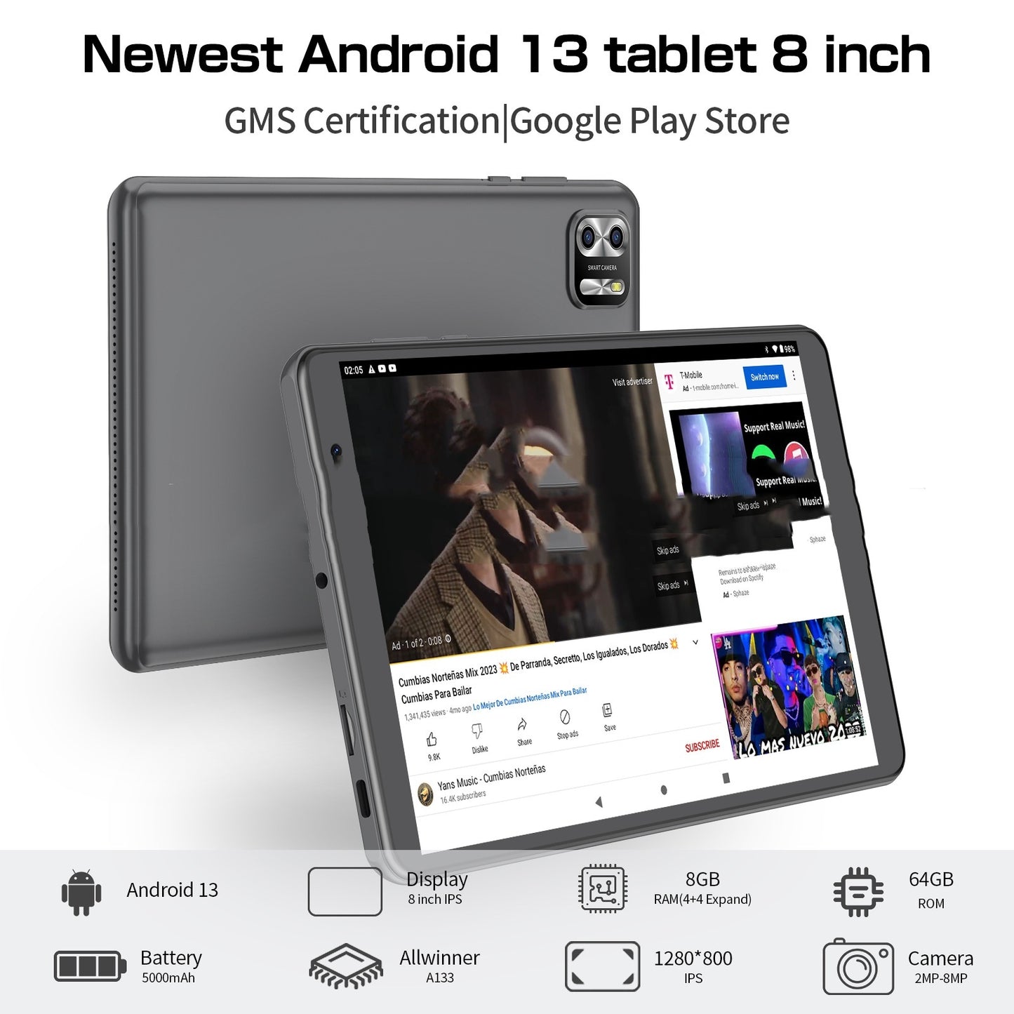 Tabletă cu 8 nuclee de 8 inchi și sistem Android 13 de 64 GB
