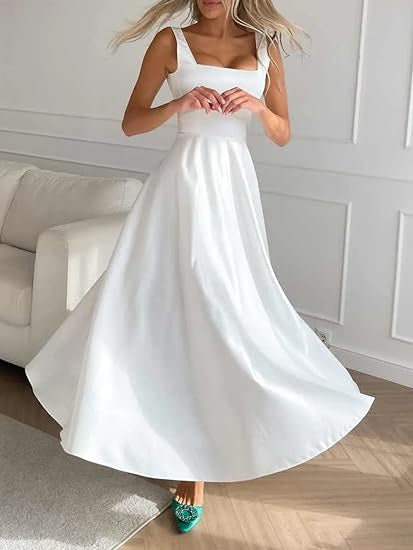 Women's long dress with low cut and square collar