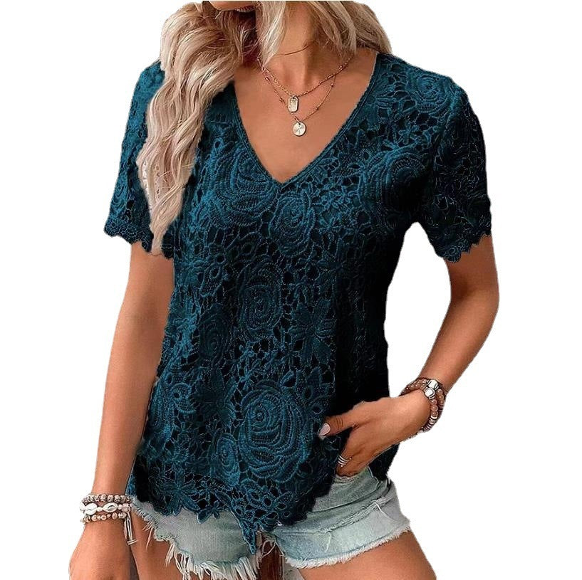 Tricou din dantelă cu mâneci scurte cu decolteu în V