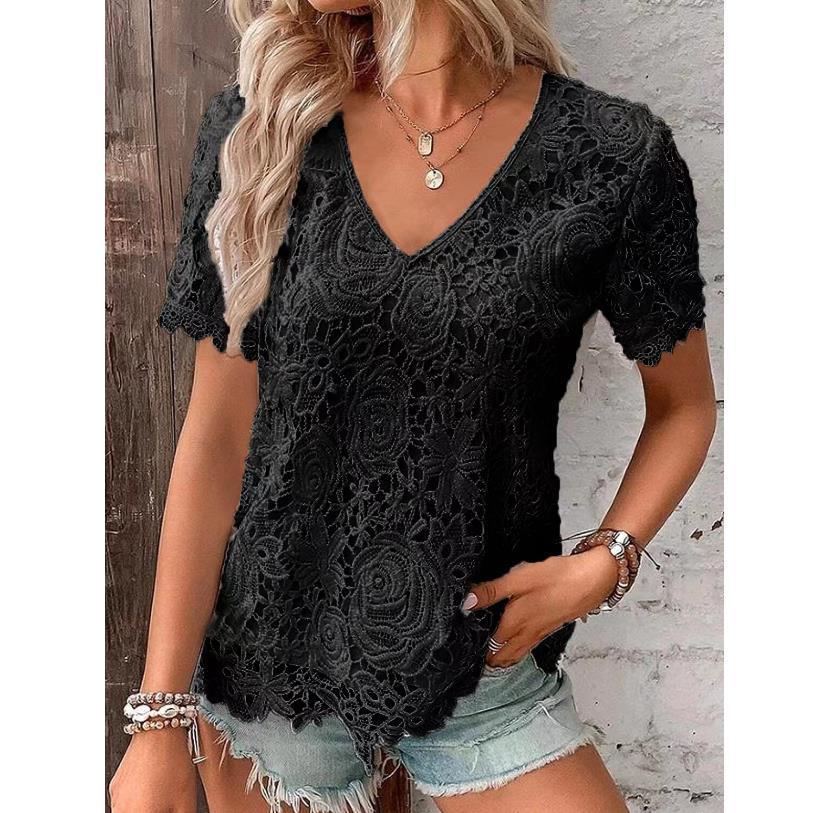 Tricou din dantelă cu mâneci scurte cu decolteu în V