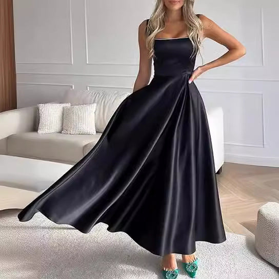 Women's long dress with low cut and square collar