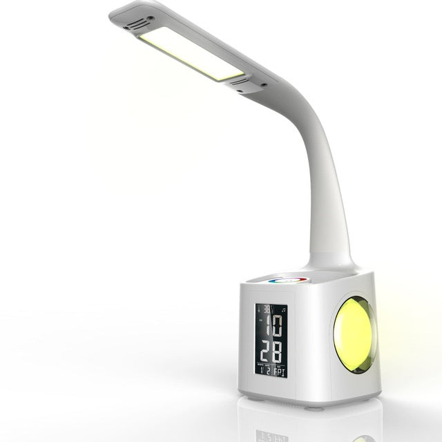 Lampa de masa LED multicolora, cu port de incarcare USB, ecran LCD cu ora si data, suport obiect