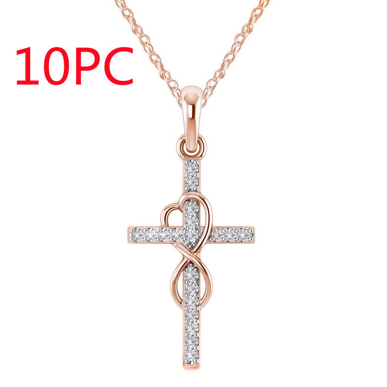 Colier cu pandantiv în cruce din aliaj cu efect de diamant cu opt caractere