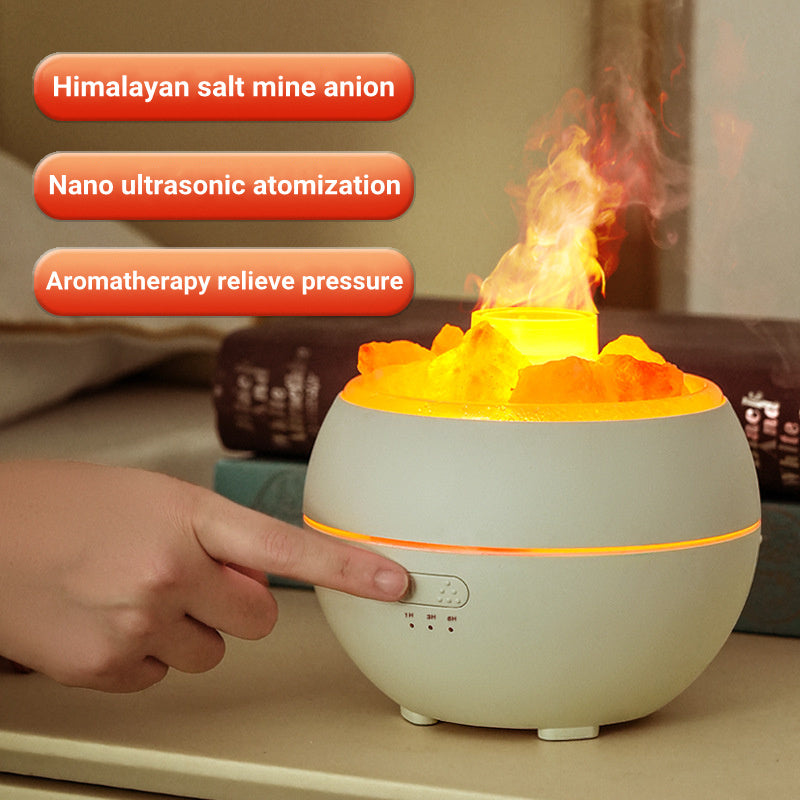 Umidificator de aer/aromă cu simulare de flacără cu piatră de sare, lumină LED