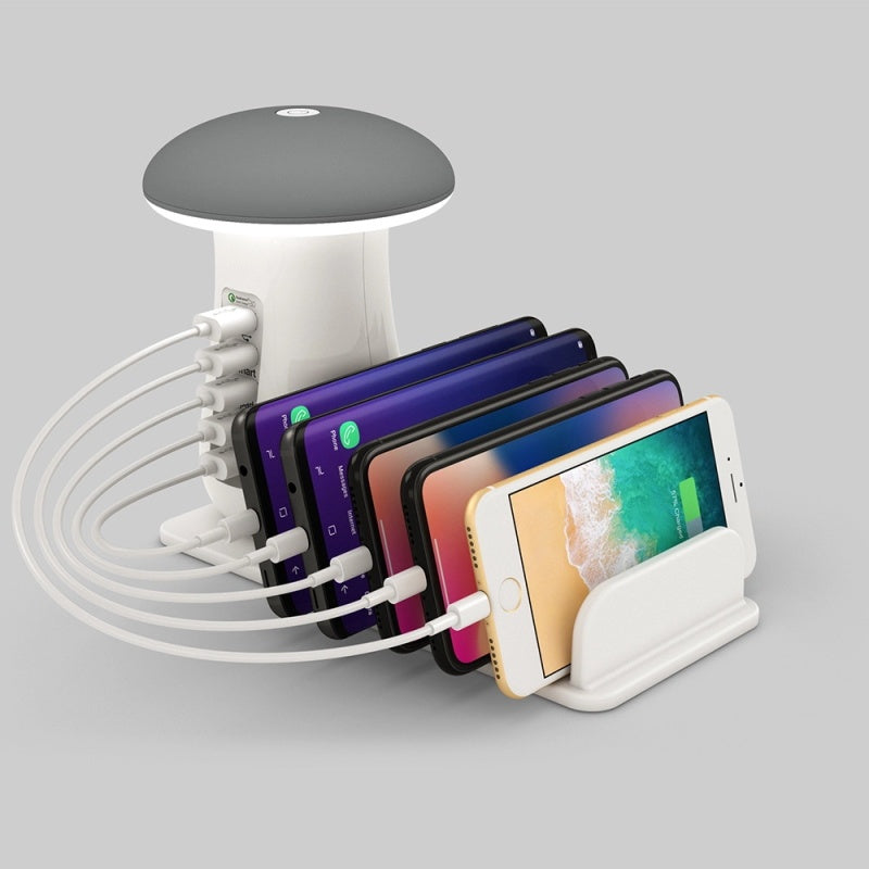 Lampă LED USB în formă de ciupercă, cu prize de încărcare USB și suport pentru telefon