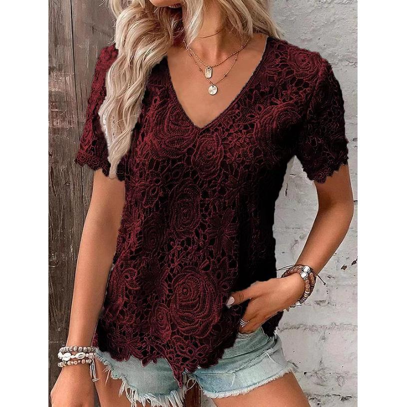Tricou din dantelă cu mâneci scurte cu decolteu în V