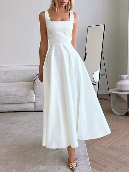 Women's long dress with low cut and square collar