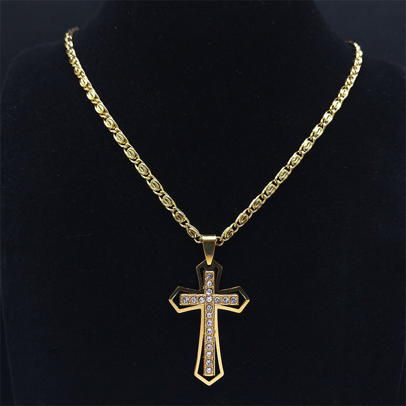 Colier barbatesc cu pandantiv cruce de cristal, efect de diamant