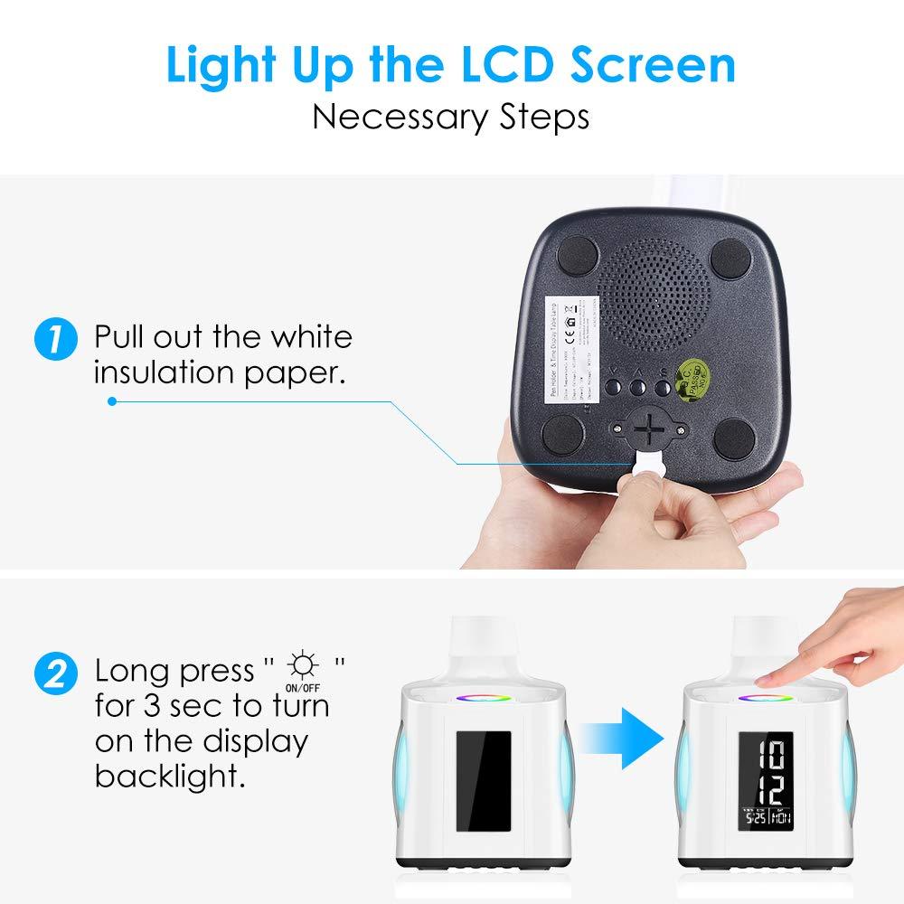 Lampa de masa LED multicolora, cu port de incarcare USB, ecran LCD cu ora si data, suport obiect
