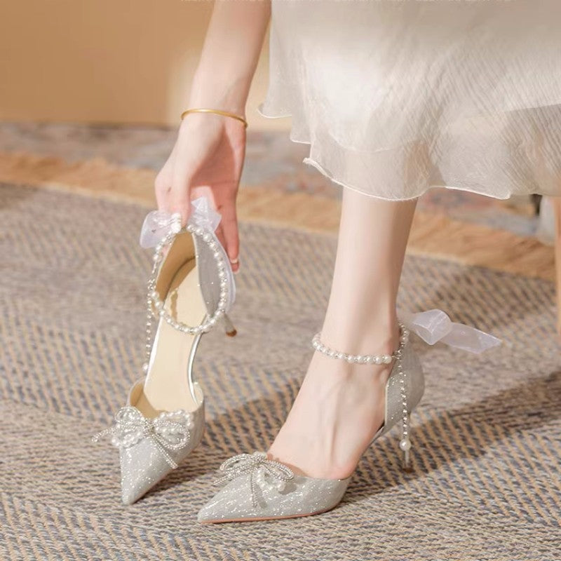 Women's Shoes with Heel, Silver with Pearl Effect