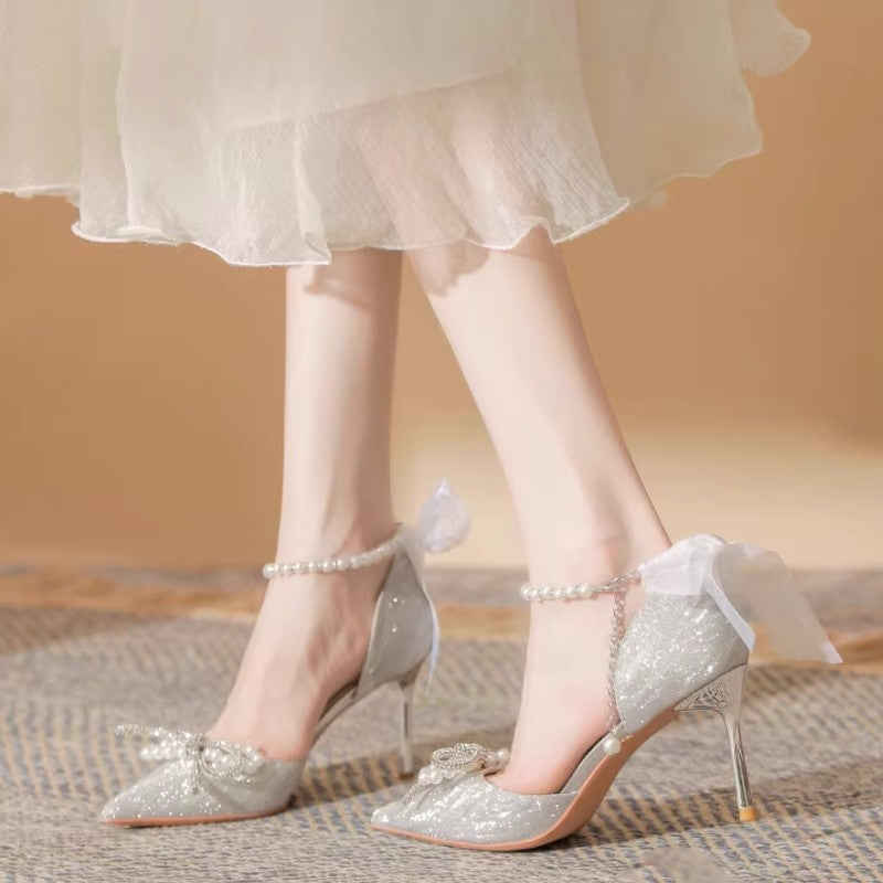 Women's Shoes with Heel, Silver with Pearl Effect