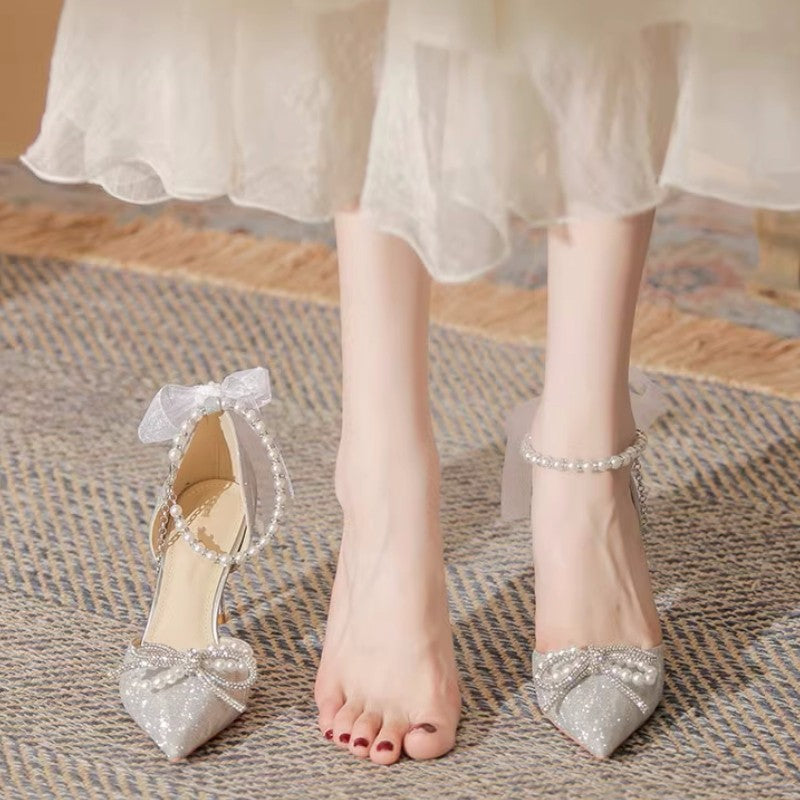 Women's Shoes with Heel, Silver with Pearl Effect