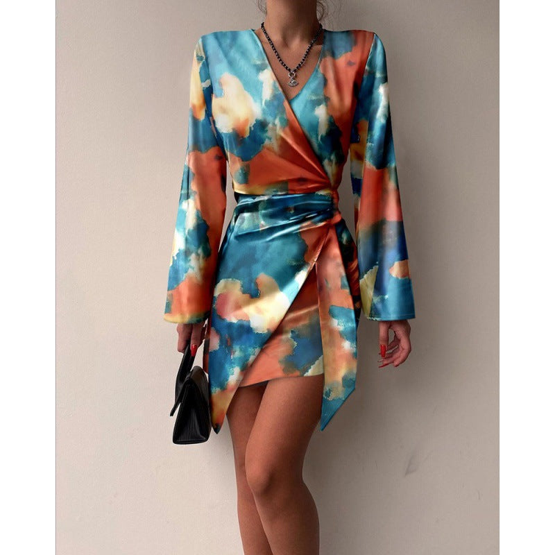 Rochie de dama cu maneca lunga, decolteu in V neregulat