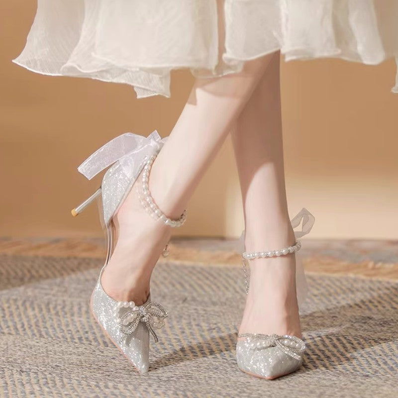 Women's Shoes with Heel, Silver with Pearl Effect