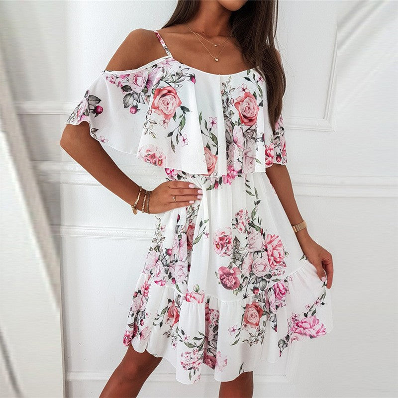 Rochie de damă din șifon cu umeri cu imprimeu
