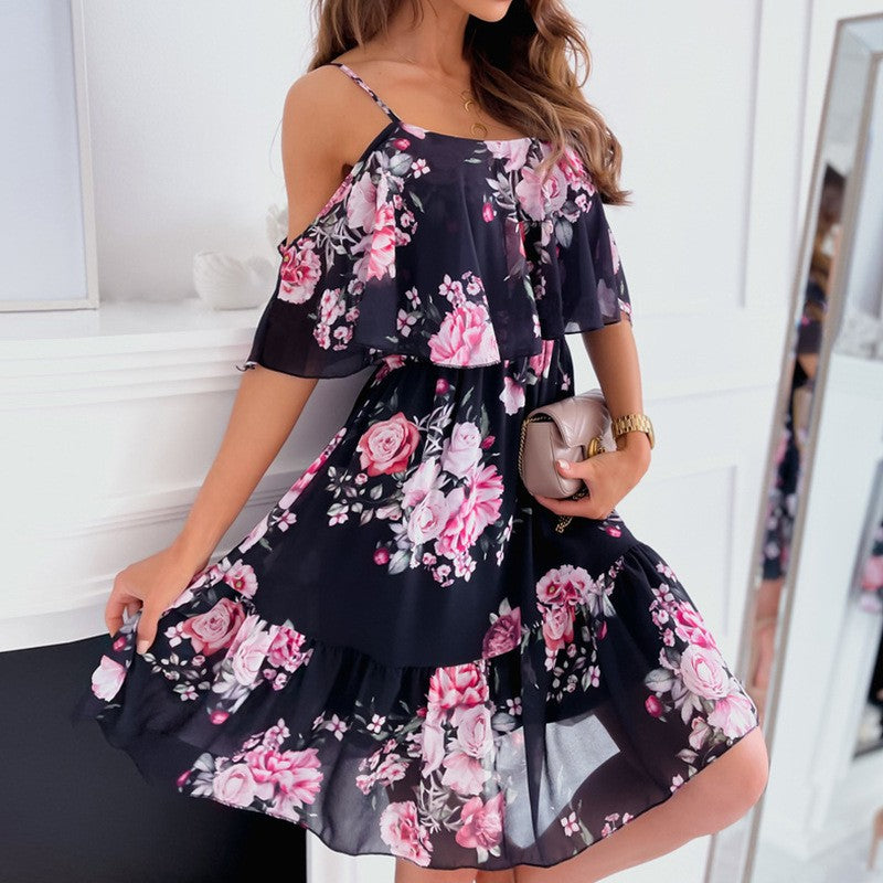 Rochie de damă din șifon cu umeri cu imprimeu