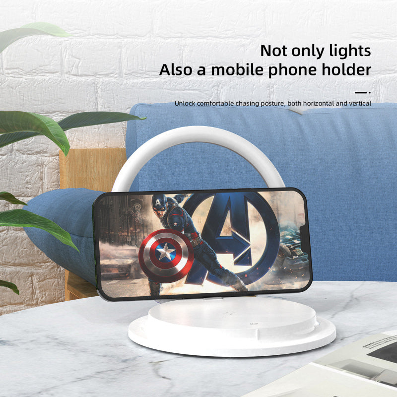 Suport pentru telefon cu LED fără fir 2 în 1, cu încărcare rapidă de 15 W și lampă de noptieră pliabilă