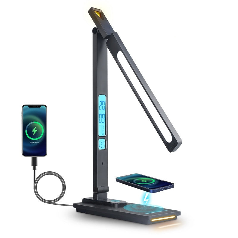 Lampa LED multicolor 2 in 1, cu sistem de incarcare rapida wireless pentru telefonul mobil, afisaj LCD cu timp