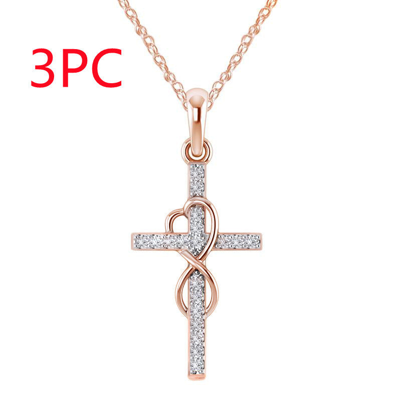 Colier cu pandantiv în cruce din aliaj cu efect de diamant cu opt caractere