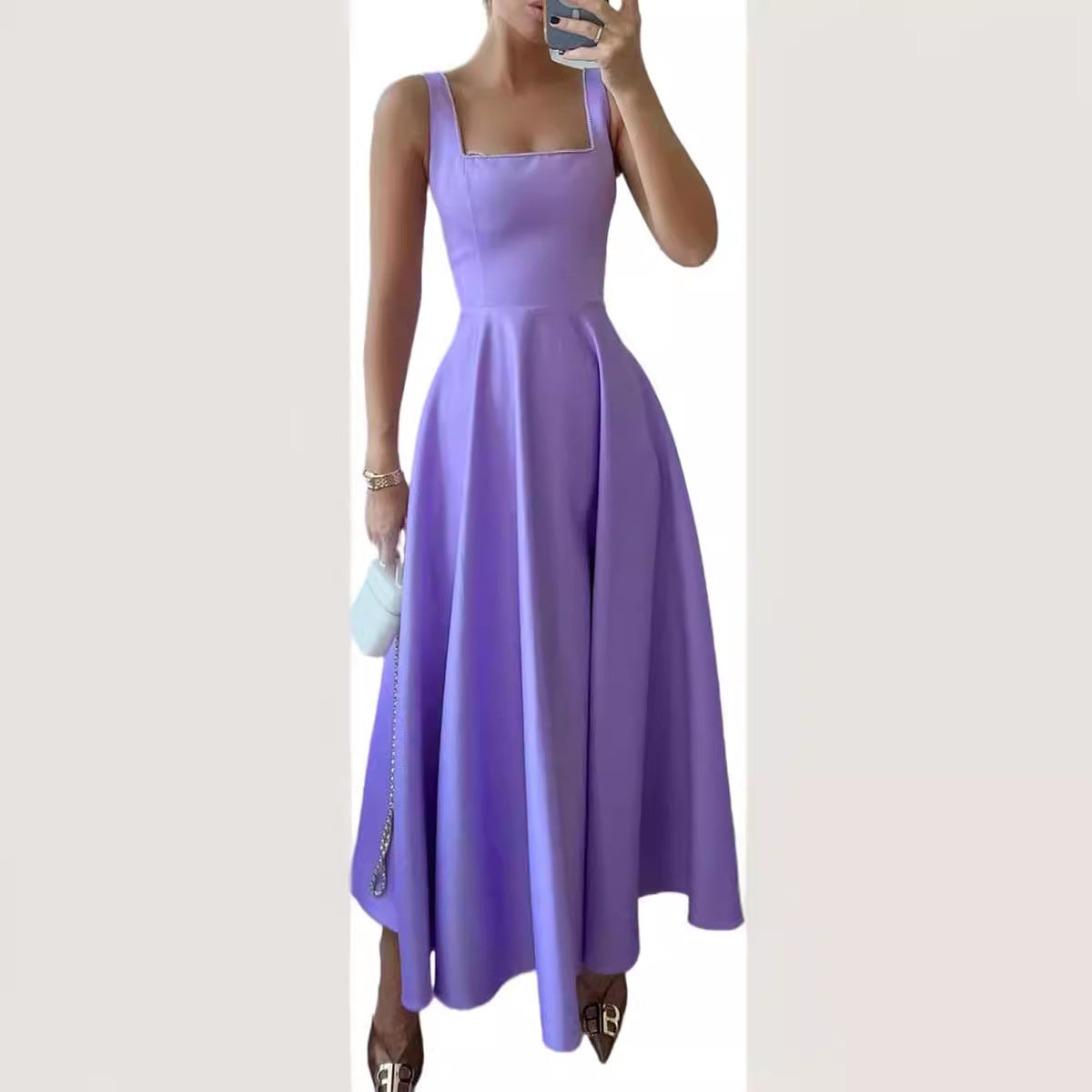 Women's long dress with low cut and square collar