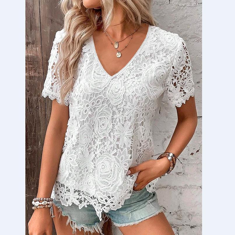 Tricou din dantelă cu mâneci scurte cu decolteu în V