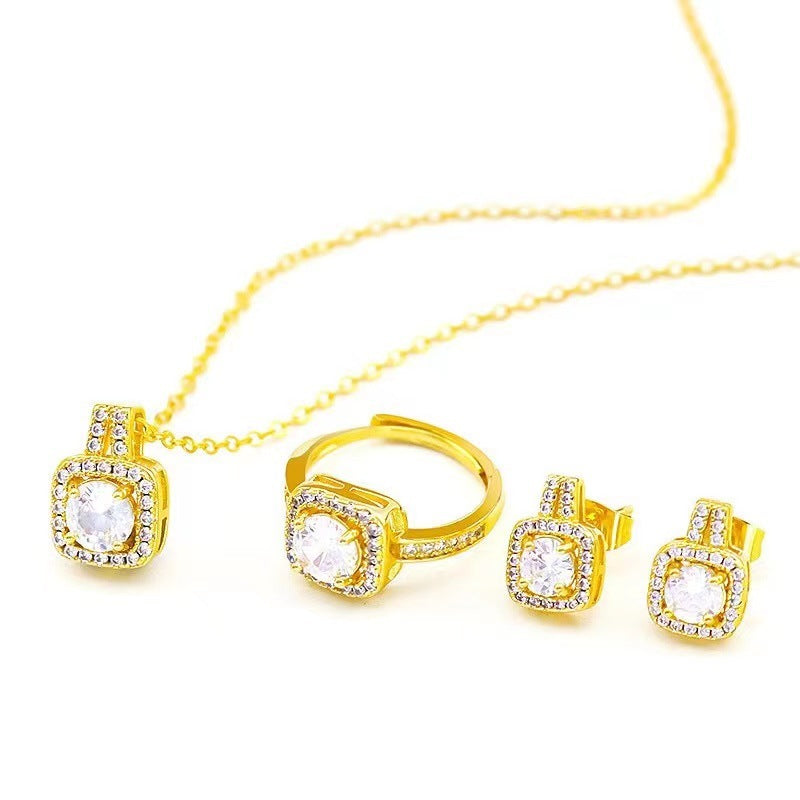 Set de bijuterii cu pandantiv cu pietre prețioase din zircon Colier cu cercei cu știfturi de culoare aurie Inel