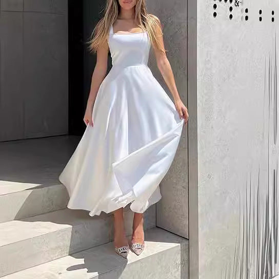 Women's long dress with low cut and square collar