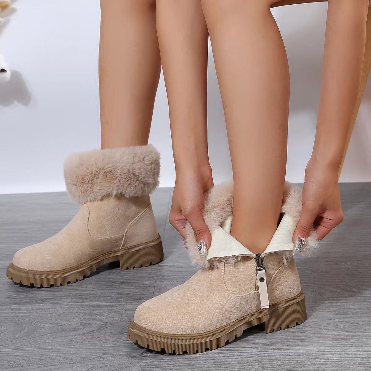 Botine calde de pluș cu fermoar lateral cu toc scăzut