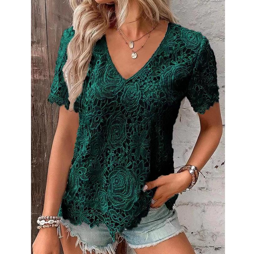 Tricou din dantelă cu mâneci scurte cu decolteu în V