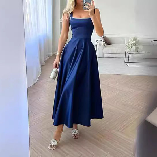 Women's long dress with low cut and square collar