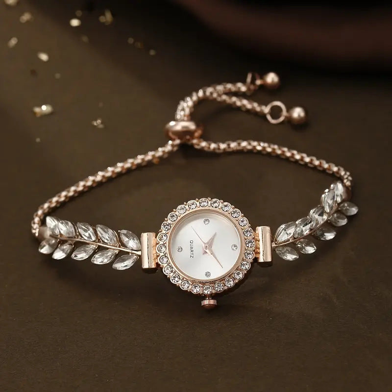 Ceas rotund de dama cu efect de diamant, curea cu detaliu frunza