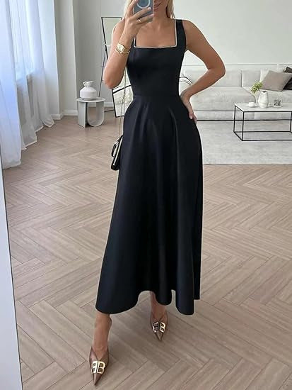Women's long dress with low cut and square collar