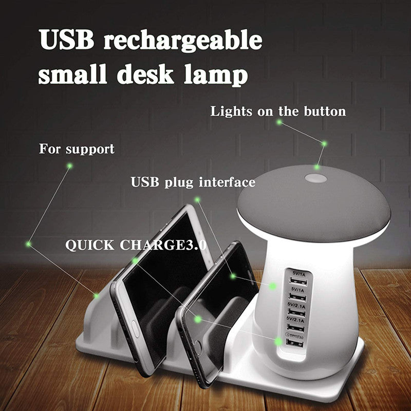 Lampada LED USB a forma di fungo, con prese ricarica usb e poggia telefono