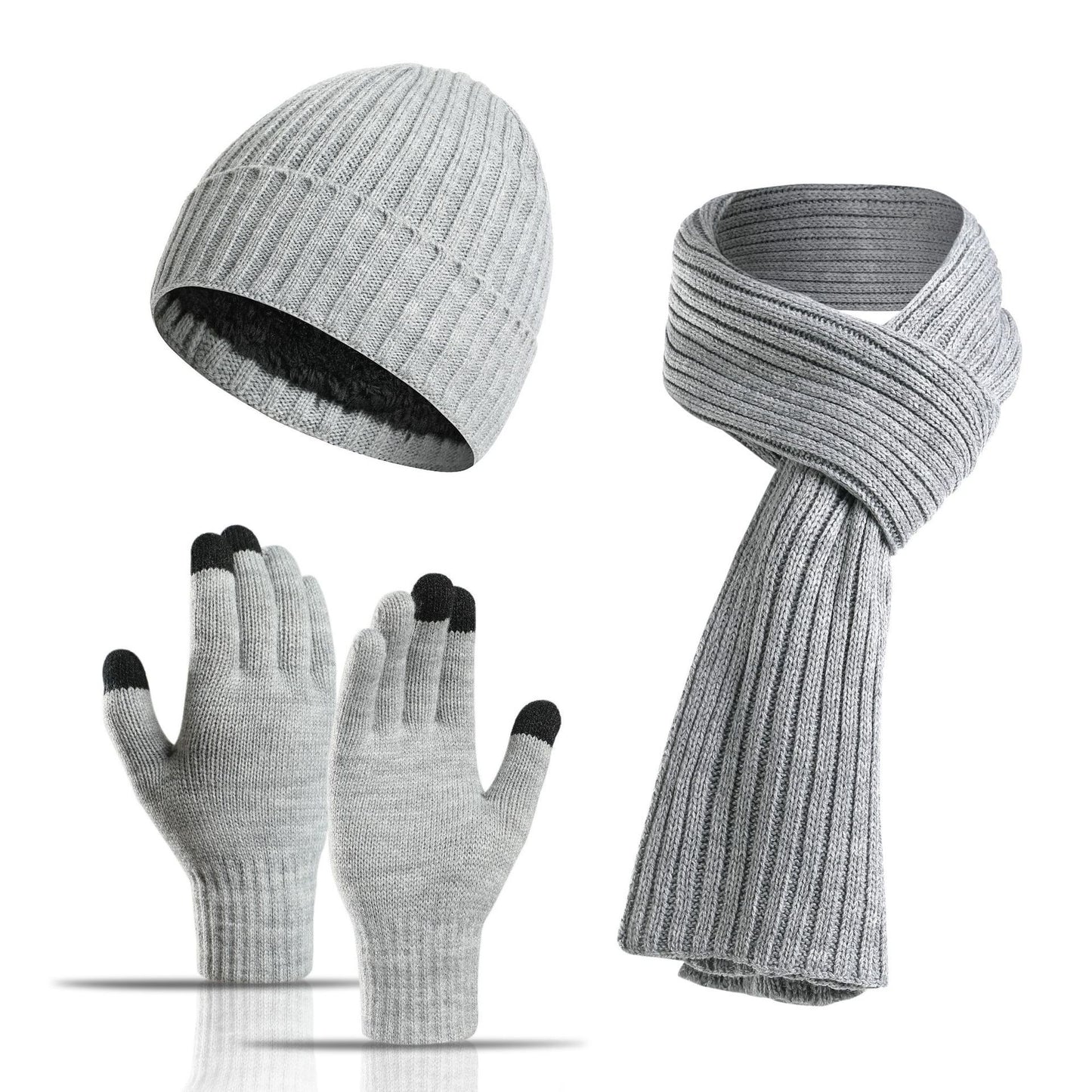 Set di tre pezzi da uomo e da donna, cappello, sciarpa, guanti, in lana calda e spessa